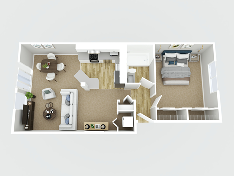 Floor plan for 1 bed, 1 bath, 676 sqft